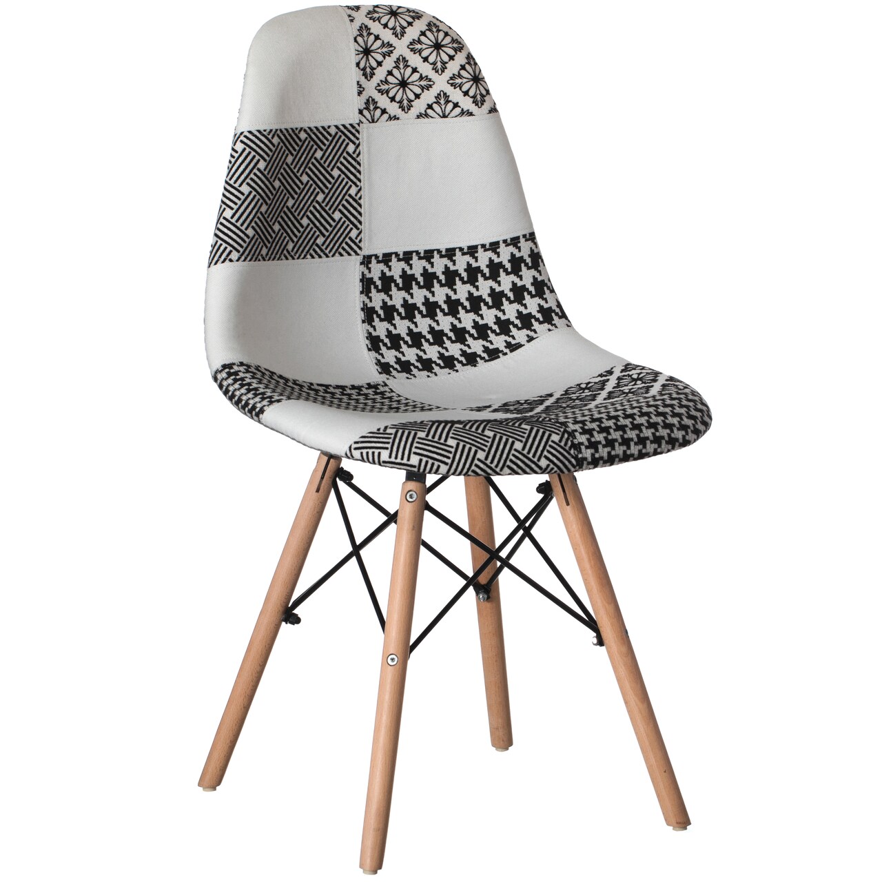Modern Fabric Patchwork Chair with Wooden Legs for Kitchen, Dining Room, Entryway, Living Room with Black & White Patterns